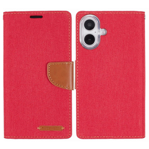 MERCURY GOOSPERY For iPhone 16 Case Canvas Texture Leather Wallet Phone Cover - Red - 1