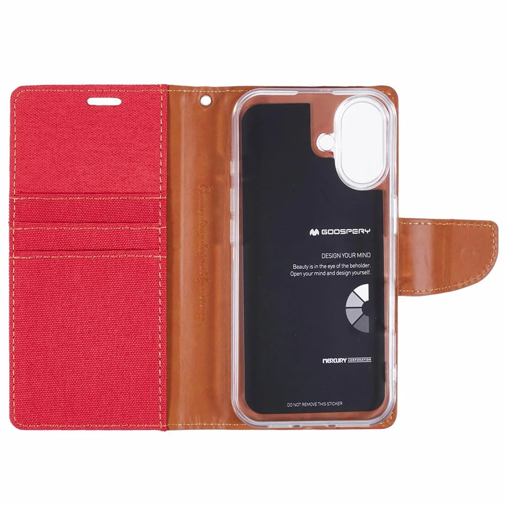 MERCURY GOOSPERY For iPhone 16 Case Canvas Texture Leather Wallet Phone Cover - Red - 5