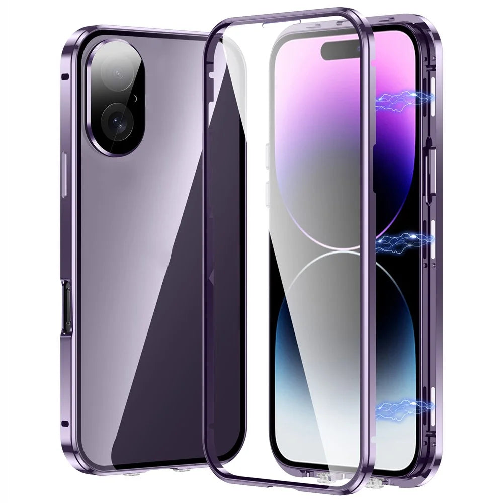 For iPhone 16 Case Magnetic Adsorption Double Sides Tempered Glass+Metal Phone Cover with Buckle - Purple - 1