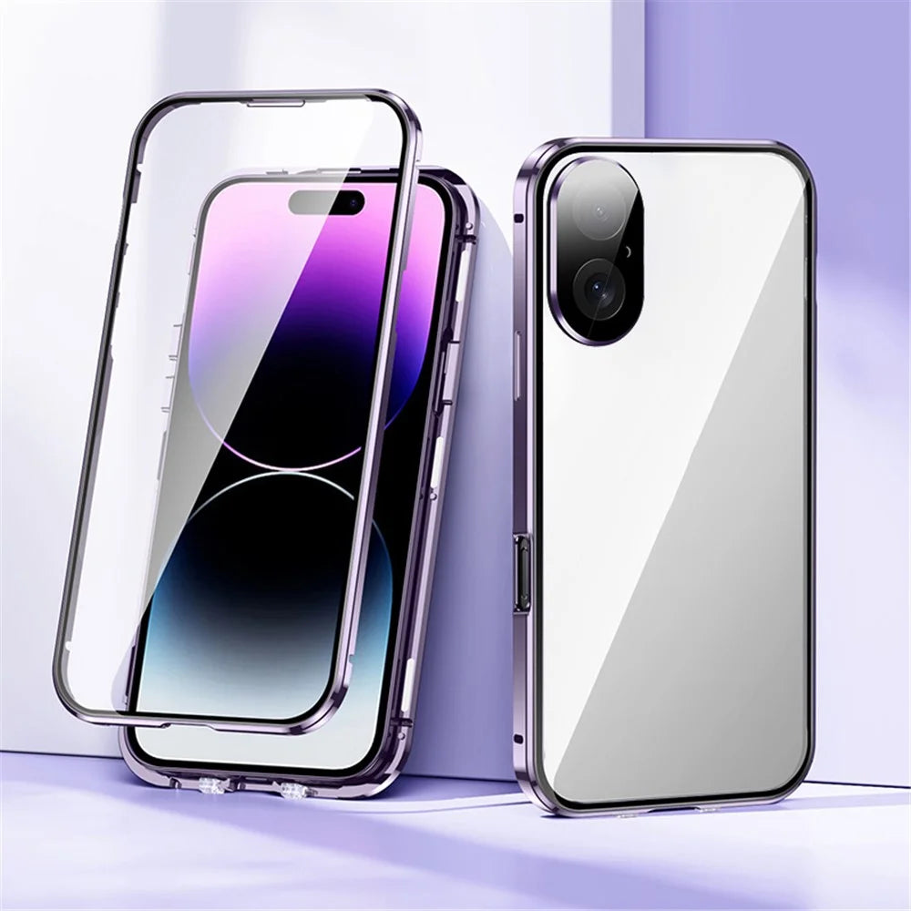 For iPhone 16 Case Magnetic Adsorption Double Sides Tempered Glass+Metal Phone Cover with Buckle - Purple - 2