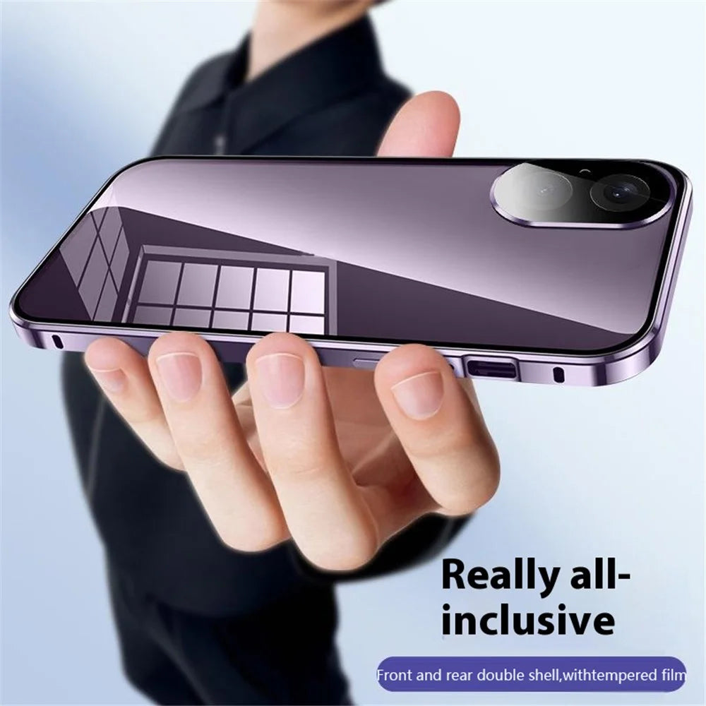 For iPhone 16 Case Magnetic Adsorption Double Sides Tempered Glass+Metal Phone Cover with Buckle - Purple - 3
