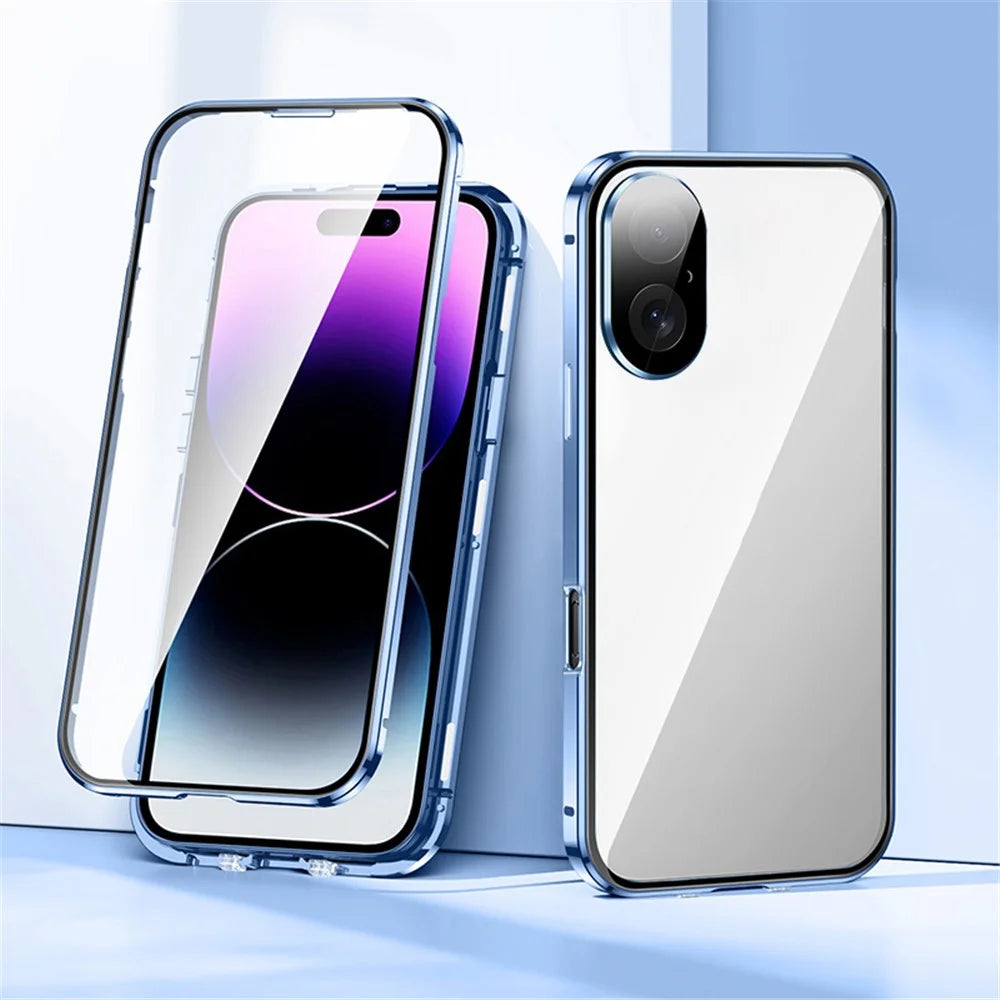 For iPhone 16 Plus Case Magnetic Adsorption Double Sides Tempered Glass+Metal Phone Cover with Buckle - Blue - 2