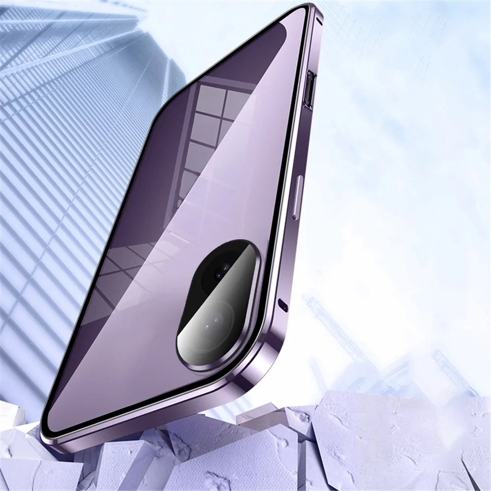 For iPhone 16 Plus Case Magnetic Adsorption Double Sides Tempered Glass+Metal Phone Cover with Buckle - Blue - 4