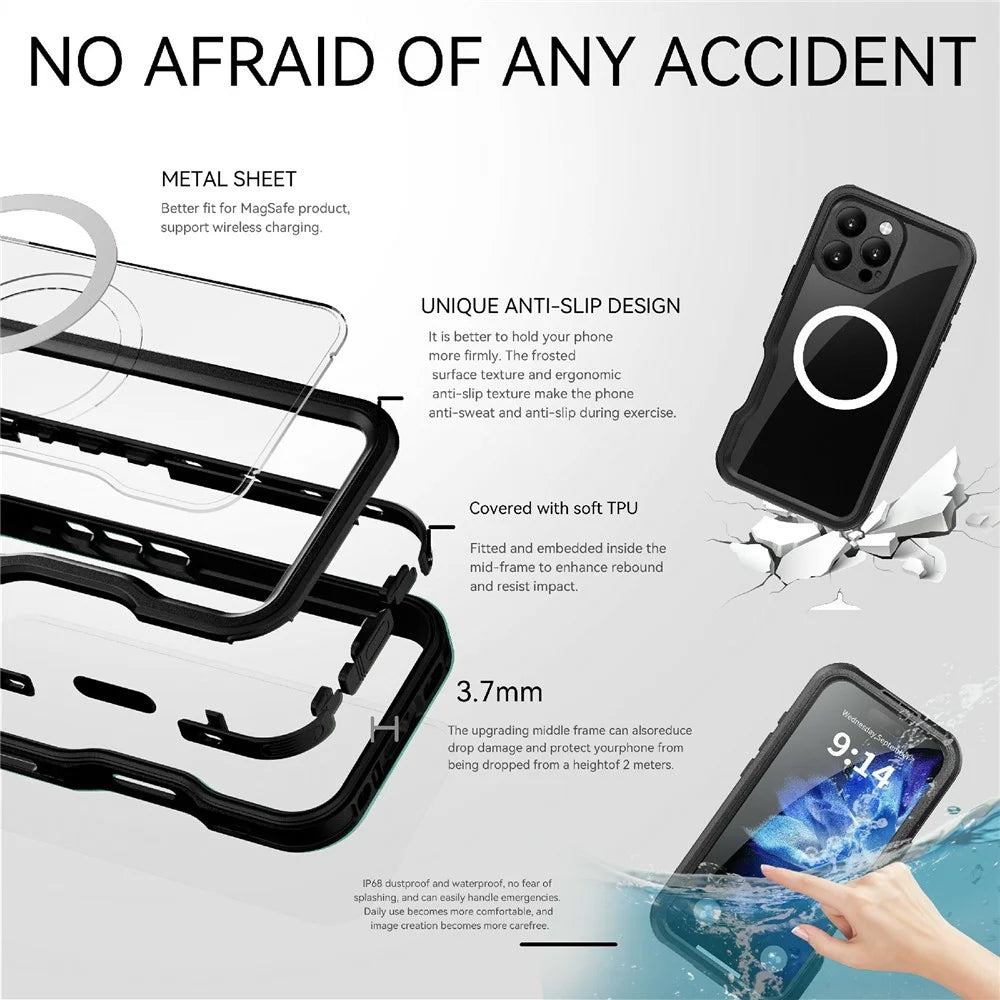 REDPEPPER D-UP Series For iPhone 16 Pro Case IP68 Waterproof Clear Back Panel Phone Cover Compatible with MagSafe - Black - 3