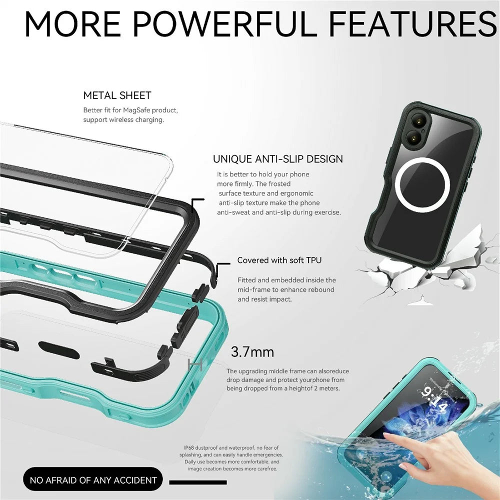 REDPEPPER D-UP Series For iPhone 16 Case IP68 Waterproof Clear Back Panel Phone Cover Compatible with MagSafe - Blue - 3