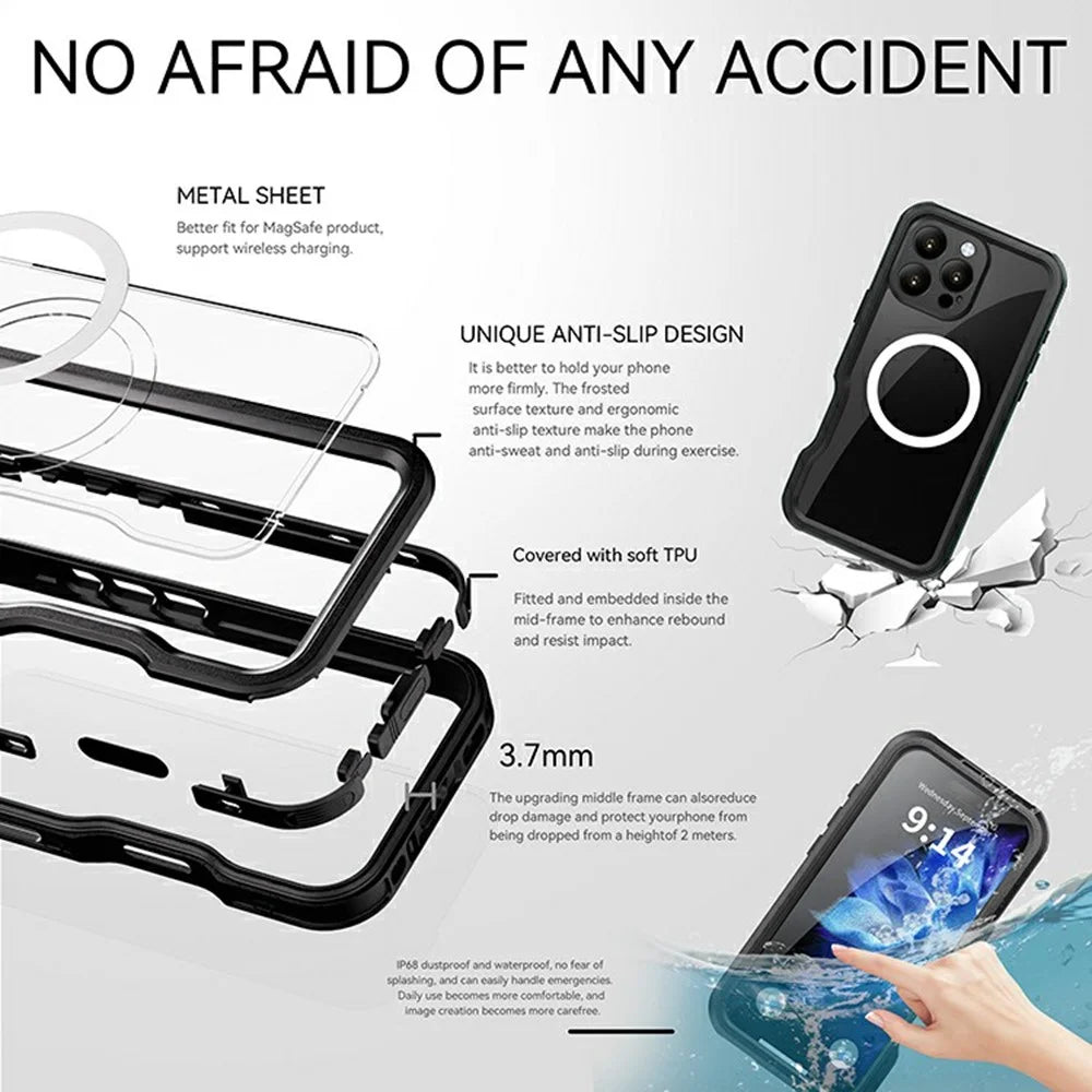 REDPEPPER D-UP Series For iPhone 16 Pro Max Case IP68 Waterproof Clear Back Panel Phone Cover Compatible with MagSafe - Black - 3
