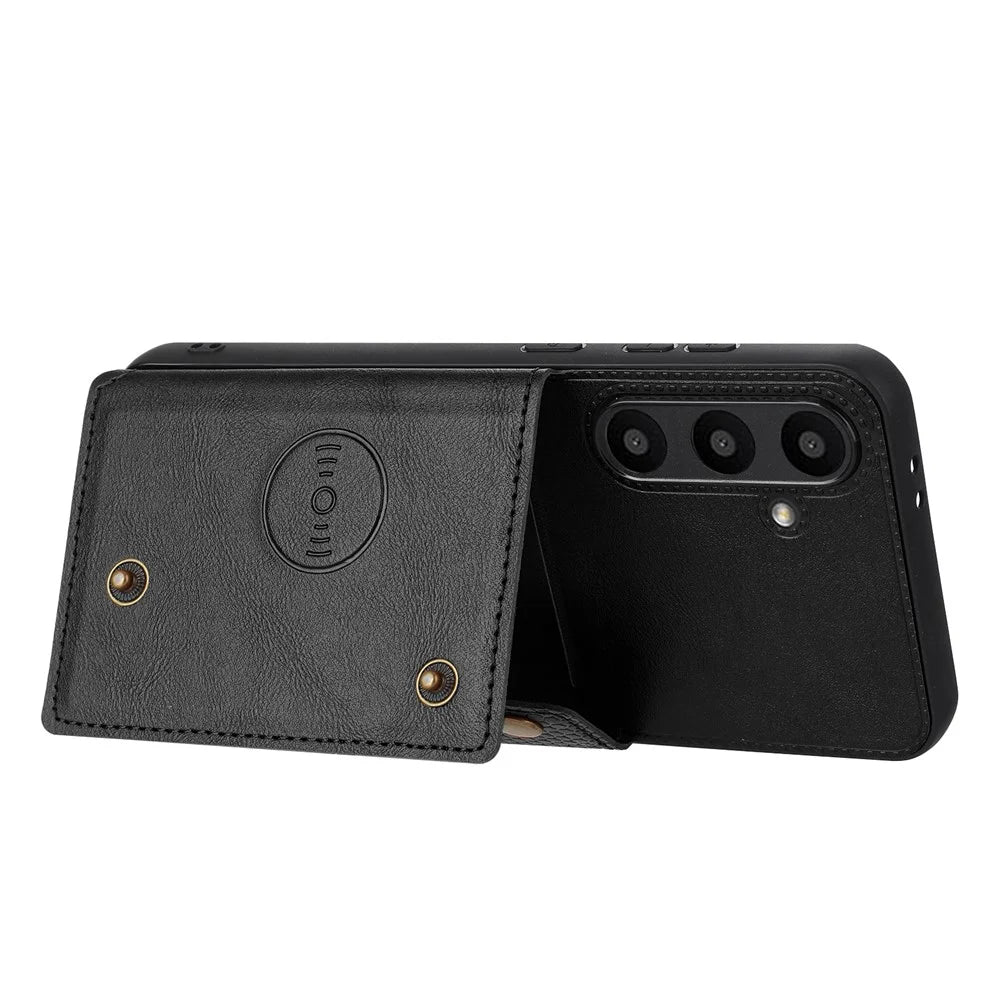 For Samsung Galaxy S24 FE Case Card Slots Kickstand Leather + TPU Phone Cover - Black - 4