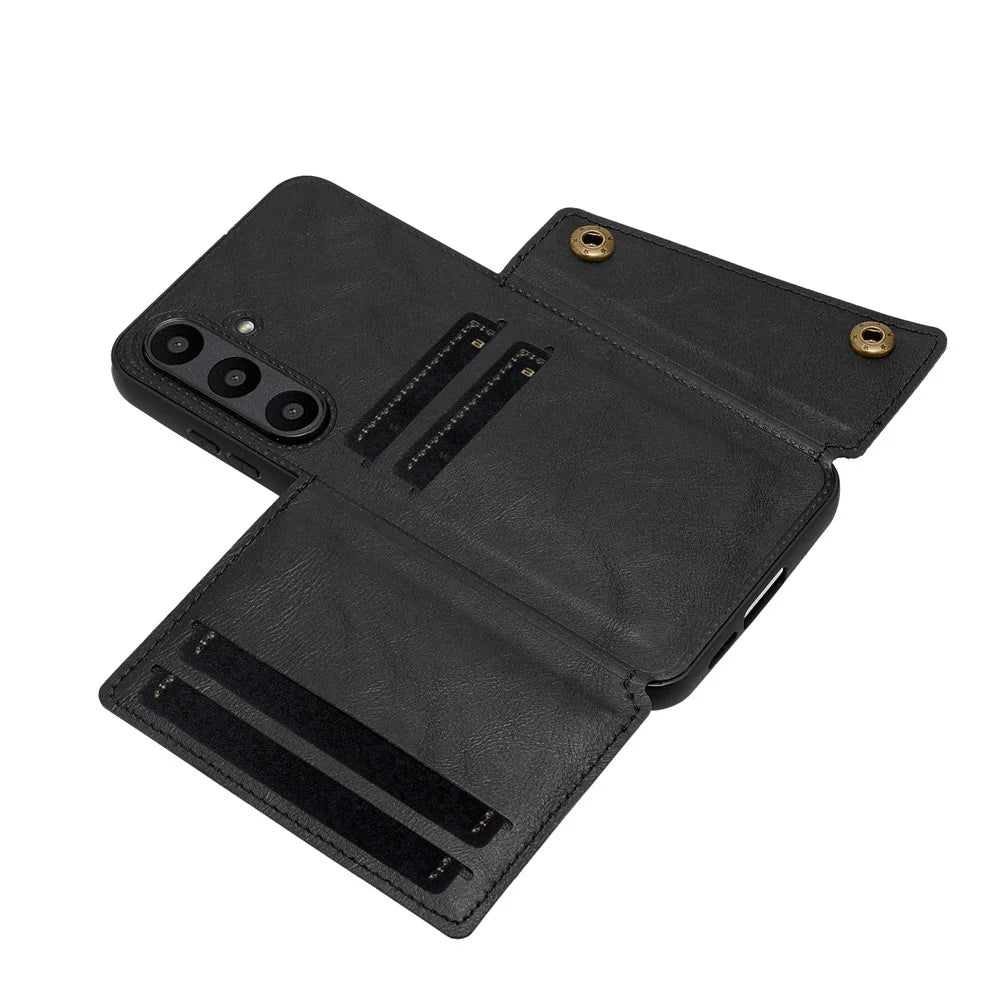 For Samsung Galaxy S24 FE Case Card Slots Kickstand Leather + TPU Phone Cover - Black - 5
