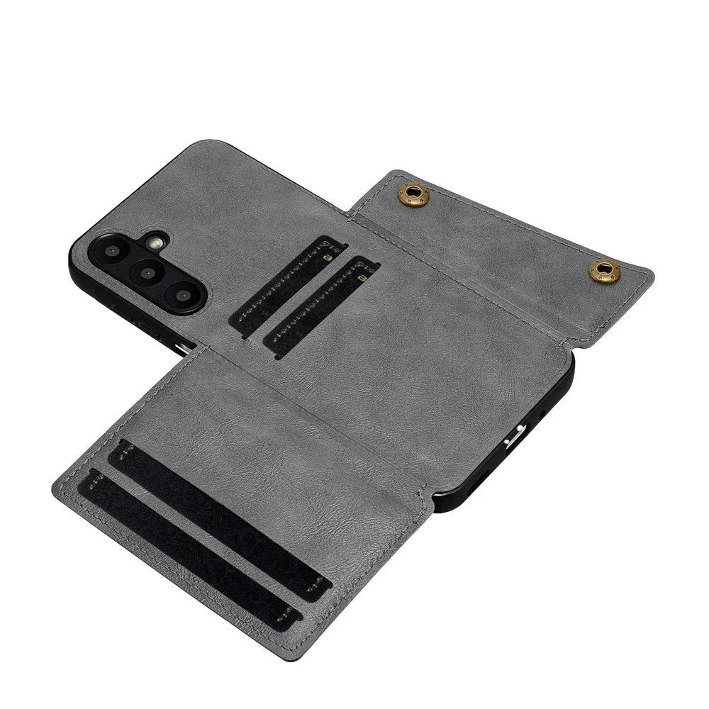 For Samsung Galaxy A16 5G / A16 4G Case Card Slots Kickstand Leather + TPU Phone Cover - Grey - 5