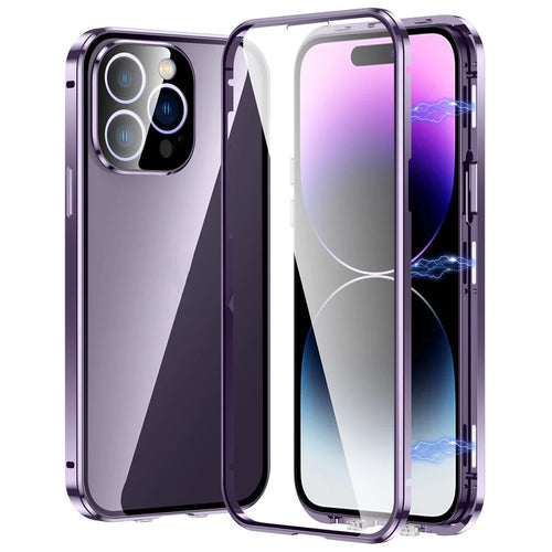 For iPhone 16 Pro Case Magnetic Adsorption Double Sides Tempered Glass+Metal Phone Cover with Buckle - Purple - 1
