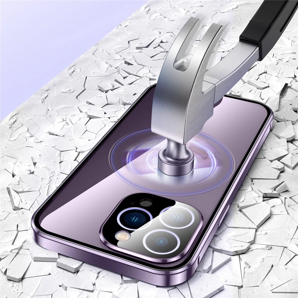 For iPhone 16 Pro Case Magnetic Adsorption Double Sides Tempered Glass+Metal Phone Cover with Buckle - Purple - 6
