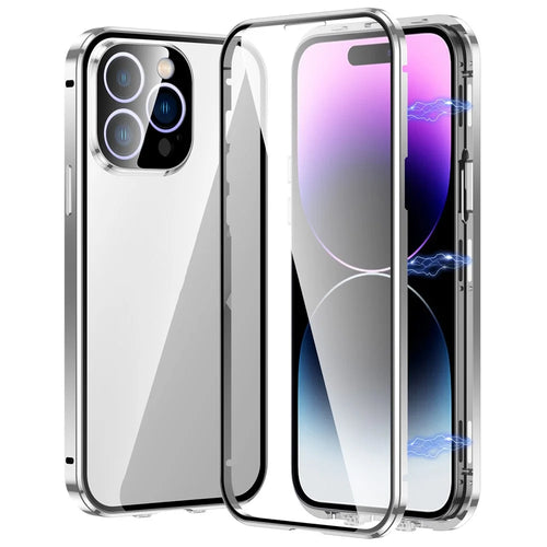 For iPhone 16 Pro Max Case Magnetic Adsorption Double Sides Tempered Glass+Metal Phone Cover with Buckle - Silver - 1