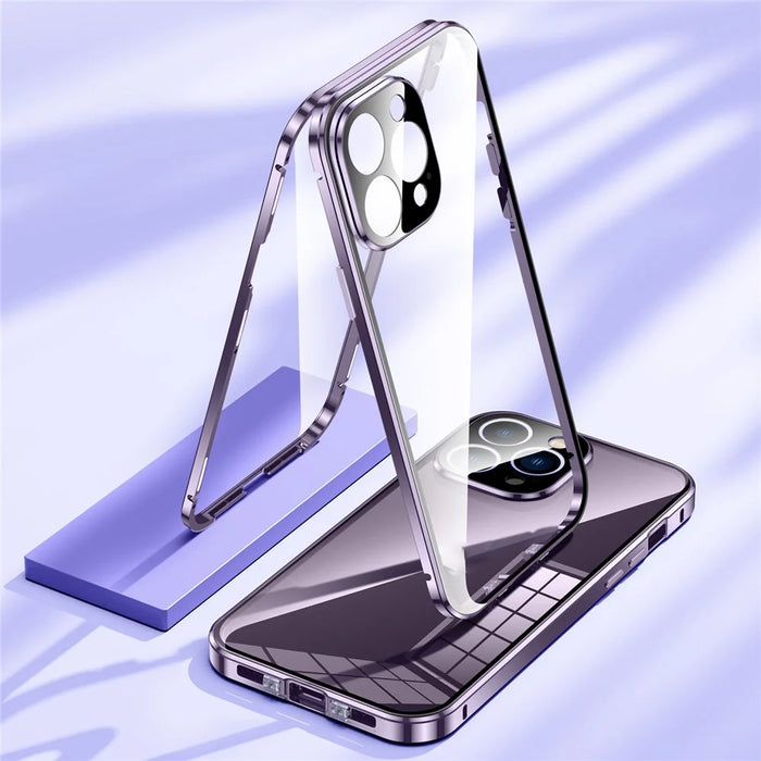 For iPhone 16 Pro Max Case Magnetic Adsorption Double Sides Tempered Glass+Metal Phone Cover with Buckle - Silver - 3