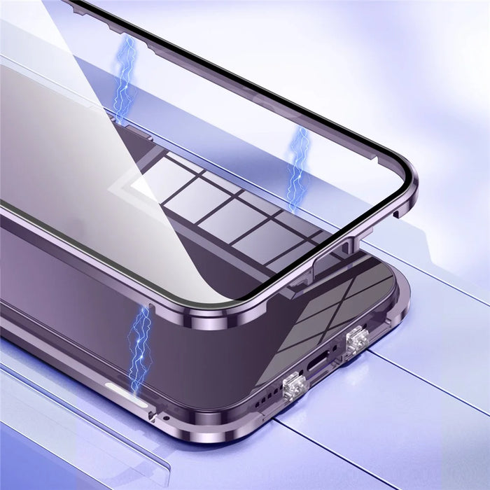 For iPhone 16 Pro Max Case Magnetic Adsorption Double Sides Tempered Glass+Metal Phone Cover with Buckle - Silver - 4