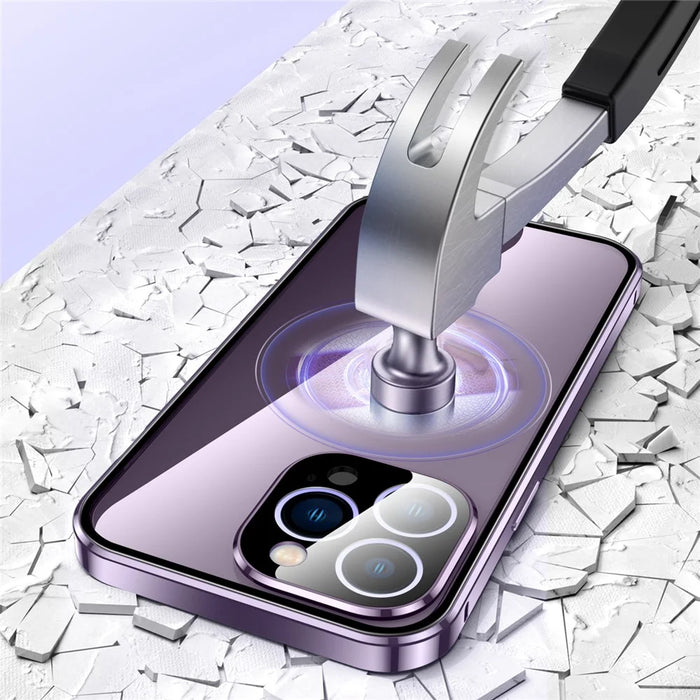 For iPhone 16 Pro Max Case Magnetic Adsorption Double Sides Tempered Glass+Metal Phone Cover with Buckle - Silver - 6