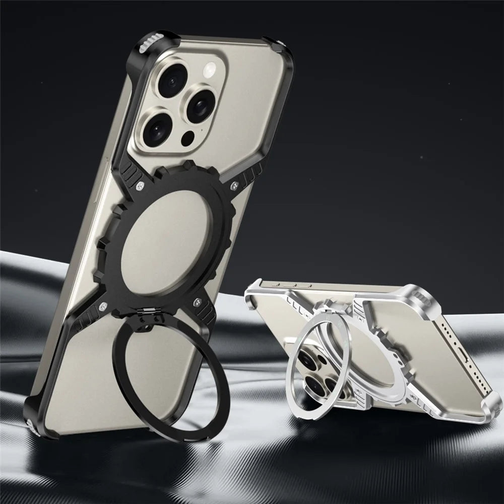 For iPhone 15 Pro Max  /  14 Pro Max  /  13 Pro Max Case Magnetic Kickstand Aluminum Alloy+PC Bumper Phone Cover Heat Dissipation - Desert Gold - 5
