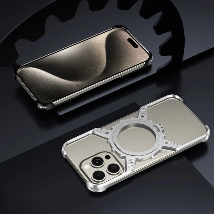 For iPhone 15 Pro Max  /  14 Pro Max  /  13 Pro Max Case Magnetic Kickstand Aluminum Alloy+PC Bumper Phone Cover Heat Dissipation - Desert Gold - 6