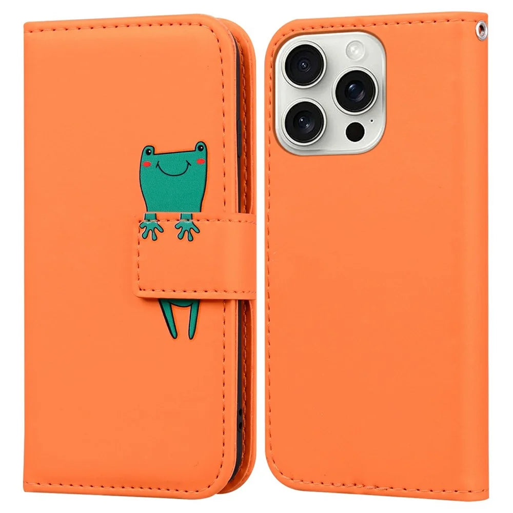 For iPhone 16 Pro Case Cartoon Pattern Wallet Leather Phone Cover - Orange - 1