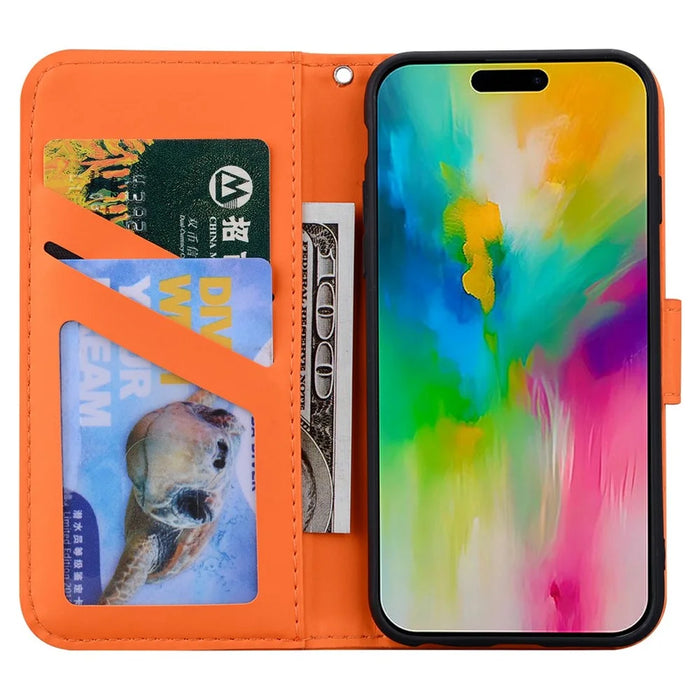 For iPhone 16 Pro Case Cartoon Pattern Wallet Leather Phone Cover - Orange - 2