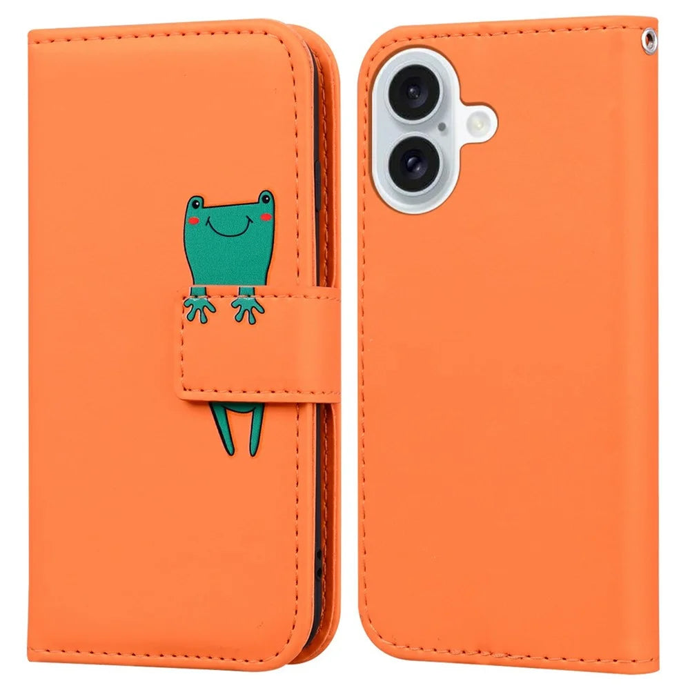 For iPhone 16 Case Cartoon Pattern Wallet Leather Phone Cover - Orange - 1