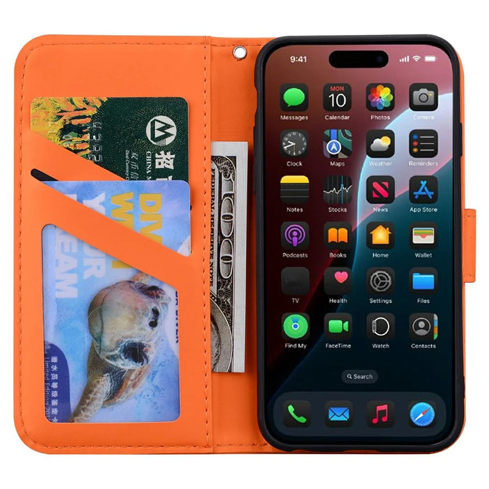 For iPhone 16 Case Cartoon Pattern Wallet Leather Phone Cover - Orange - 2