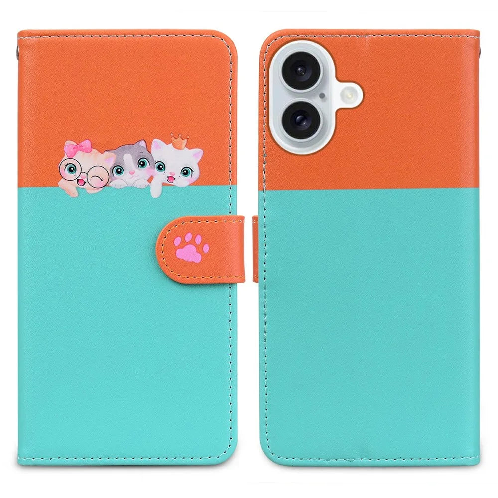 Cartoon Pet Series for iPhone 16 Wallet Phone Case Splicing Leather Flip Cover - Sky Blue - 1