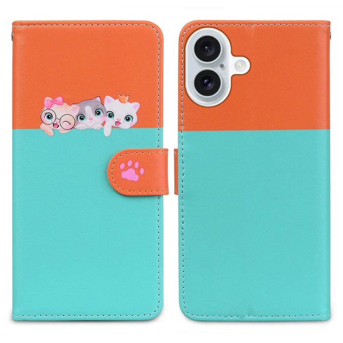 Cartoon Pet Series for iPhone 16 Wallet Phone Case Splicing Leather Flip Cover - Sky Blue - 1