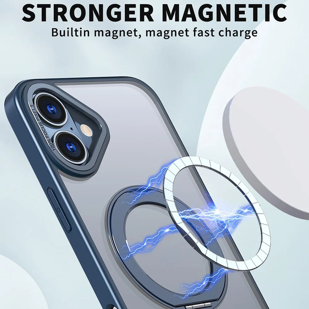 For iPhone 16 Case Rotating Magnetic Kickstand Acrylic+TPU Shockproof Phone Cover - Blue - 2