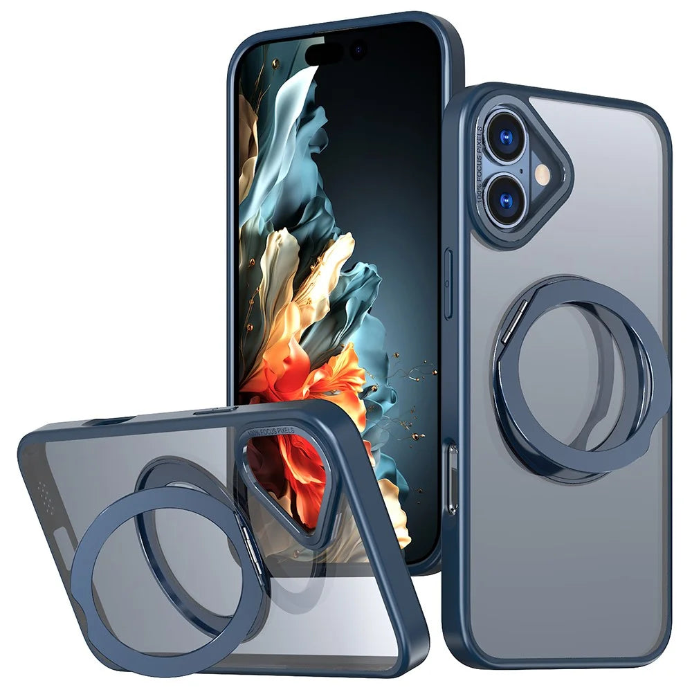 For iPhone 16 Plus Case Rotating Magnetic Kickstand Acrylic+TPU Shockproof Phone Cover - Blue - 1
