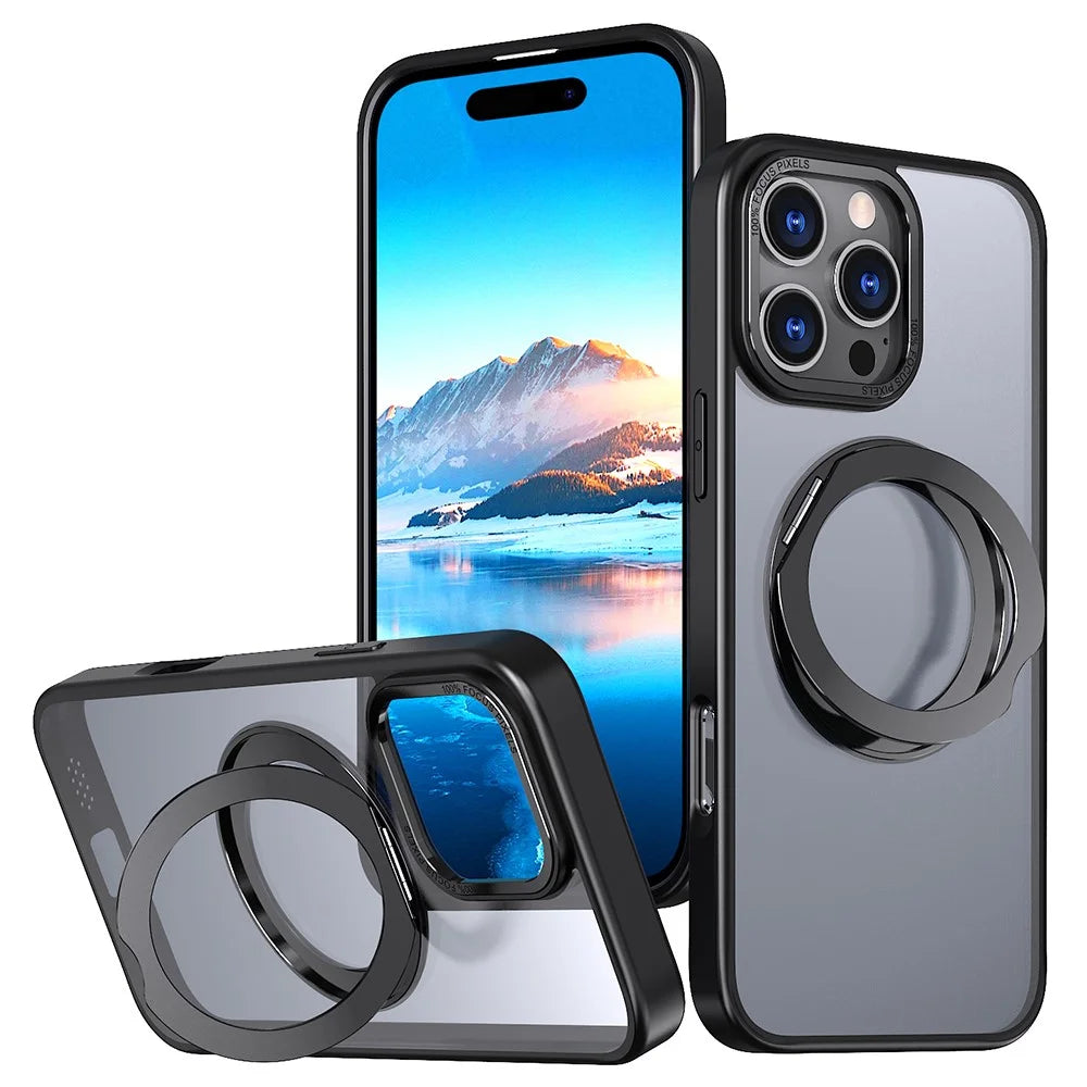 For iPhone 16 Pro Max Case Rotating Magnetic Kickstand Acrylic+TPU Shockproof Phone Cover - Black - 1