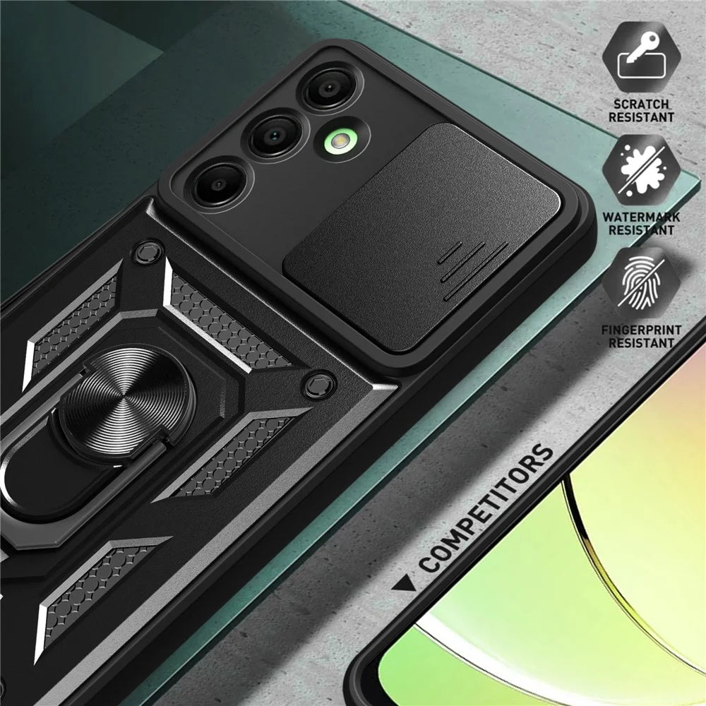 For Samsung Galaxy A16 5G / A16 4G Case with Slide Camera Lid PC+TPU Kickstand Phone Cover - Black - 5