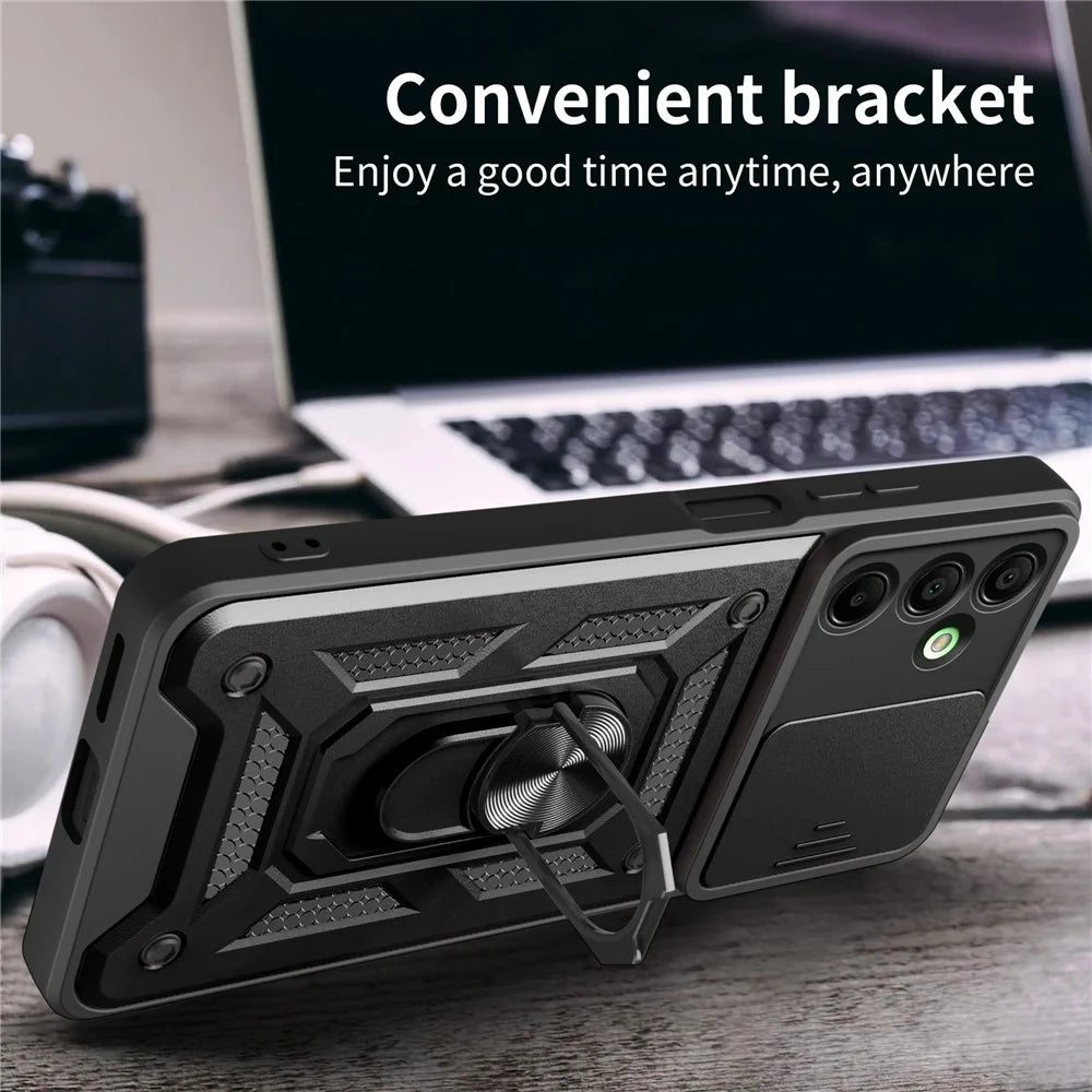 For Samsung Galaxy A16 5G / A16 4G Case with Slide Camera Lid PC+TPU Kickstand Phone Cover - Black - 6