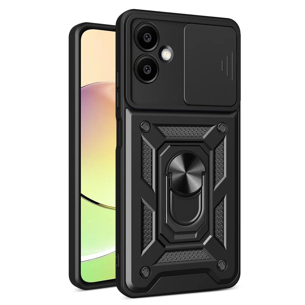For Samsung Galaxy A06 4G Case with Slide Camera Lid PC+TPU Kickstand Phone Cover - Black - 1