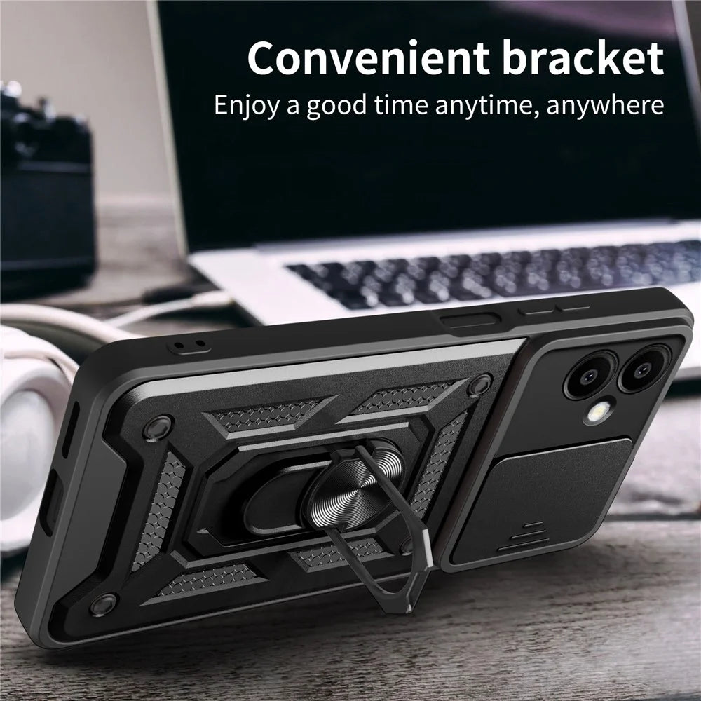 For Samsung Galaxy A06 4G Case with Slide Camera Lid PC+TPU Kickstand Phone Cover - Black - 6