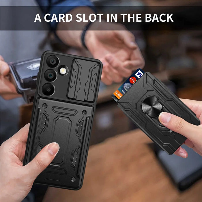 For Samsung Galaxy A16 5G / A16 4G Case PC+TPU Kickstand Phone Back Cover with Camera Slider - Black - 6
