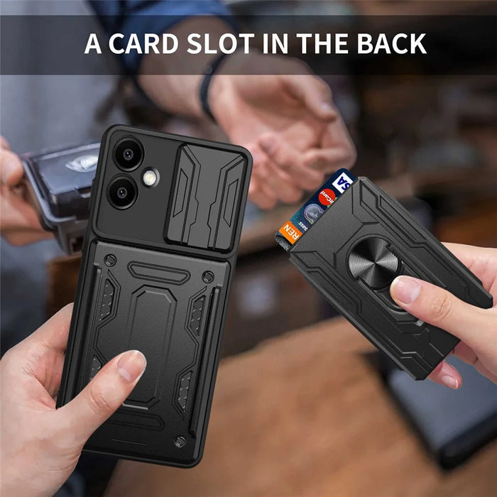 For Samsung Galaxy A06 4G Case PC+TPU Kickstand Phone Back Cover with Camera Slider - Black - 6