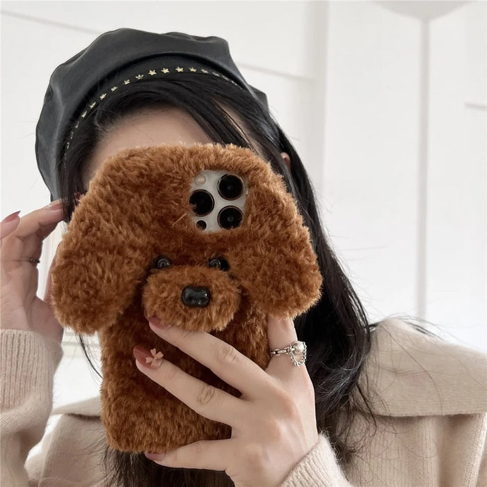 For iPhone 15 Pro Case Cute Teddy Dog Fluffy Soft TPU Winter Phone Cover - Brown - 2