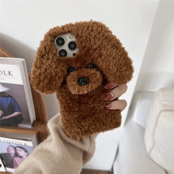 For iPhone 15 Pro Case Cute Teddy Dog Fluffy Soft TPU Winter Phone Cover - Brown - 3