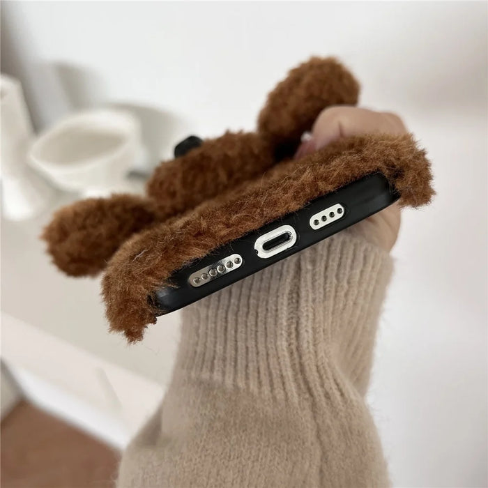 For iPhone 16 Pro Case Cute Teddy Dog Fluffy Soft TPU Winter Phone Cover - Brown - 4