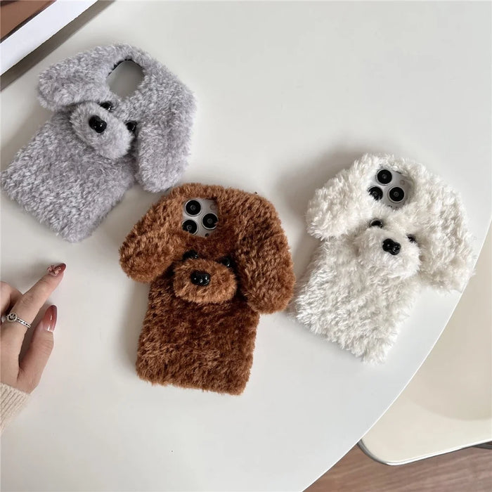 For iPhone 16 Pro Case Cute Teddy Dog Fluffy Soft TPU Winter Phone Cover - Brown - 6