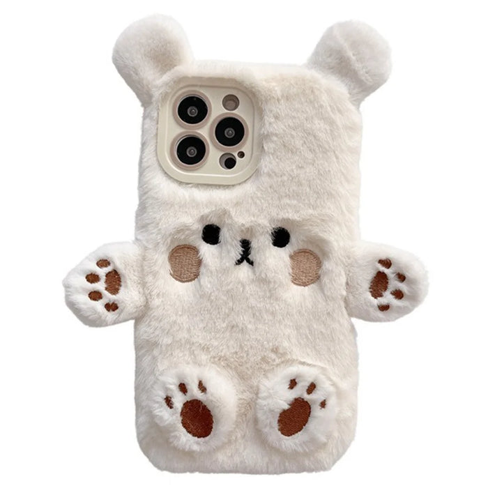For iPhone 15 Pro Case Cartoon 3D Bear Furry Plush TPU Winter Warm Phone Cover - 1