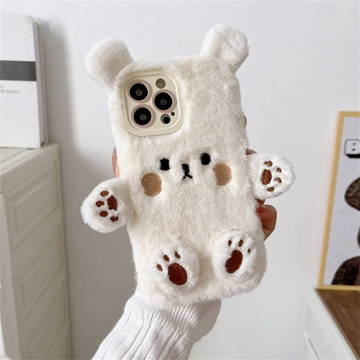 For iPhone 15 Pro Case Cartoon 3D Bear Furry Plush TPU Winter Warm Phone Cover - 2