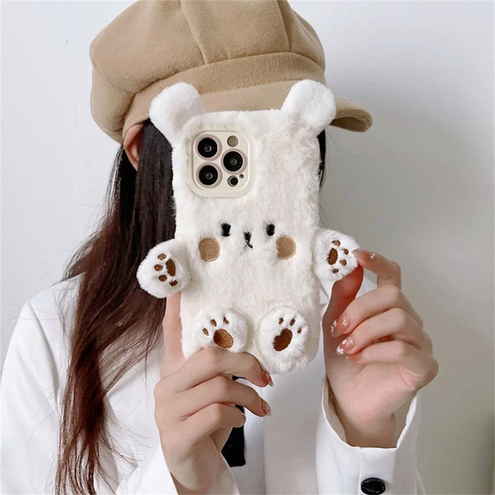 For iPhone 15 Pro Case Cartoon 3D Bear Furry Plush TPU Winter Warm Phone Cover - 3