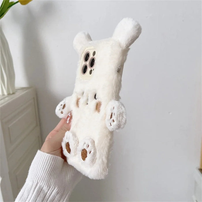 For iPhone 15 Pro Case Cartoon 3D Bear Furry Plush TPU Winter Warm Phone Cover - 4