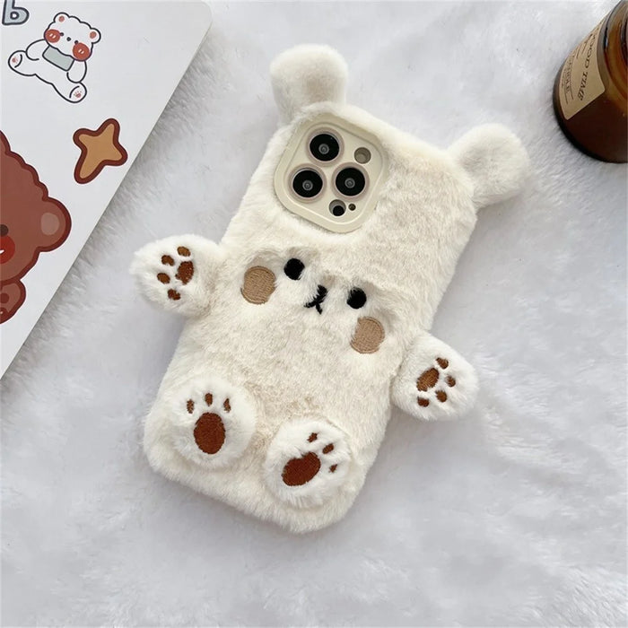 For iPhone 15 Pro Case Cartoon 3D Bear Furry Plush TPU Winter Warm Phone Cover - 6