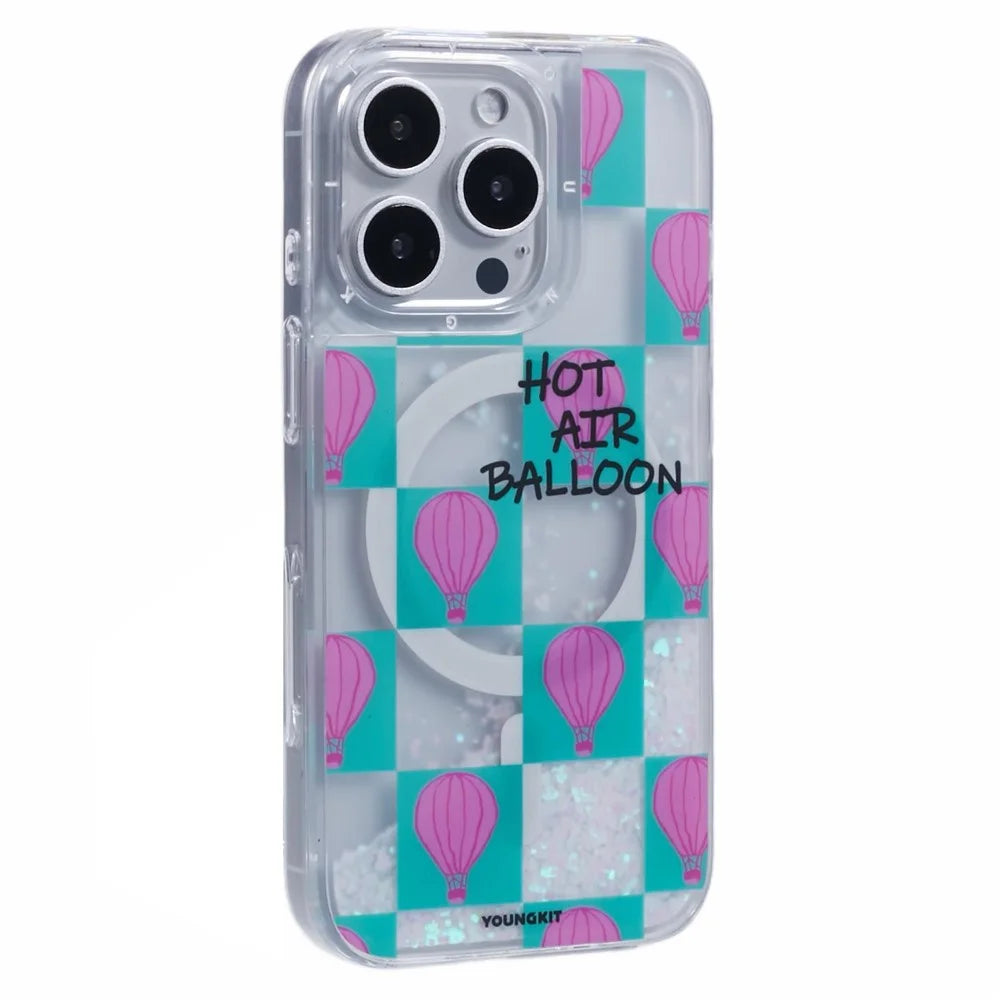 YOUNGKIT For iPhone 16 Pro Case Compatible with MagSafe Waterfall Quicksand PC+TPU Phone Cover - Small Hot Air Balloon - 1