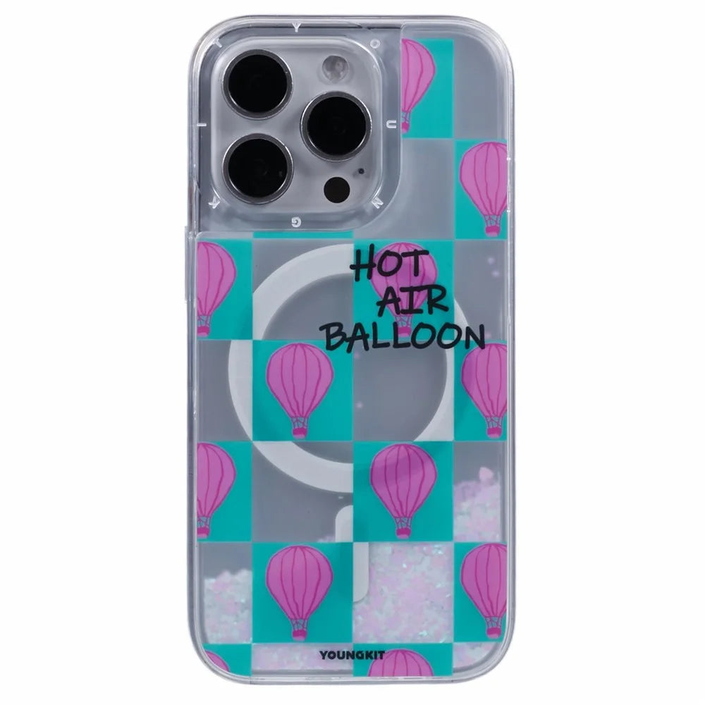 YOUNGKIT For iPhone 16 Pro Case Compatible with MagSafe Waterfall Quicksand PC+TPU Phone Cover - Small Hot Air Balloon - 3