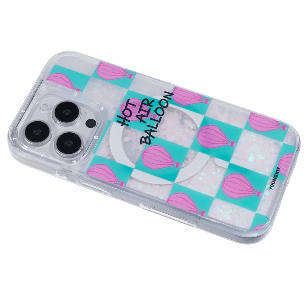 YOUNGKIT For iPhone 16 Pro Case Compatible with MagSafe Waterfall Quicksand PC+TPU Phone Cover - Small Hot Air Balloon - 6