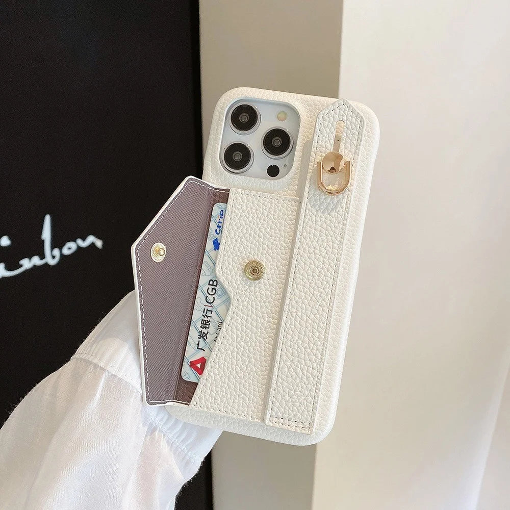 For iPhone 16 Pro Max Case Wristband Kickstand Card Slot PU Leather+PET Phone Cover - White - 2