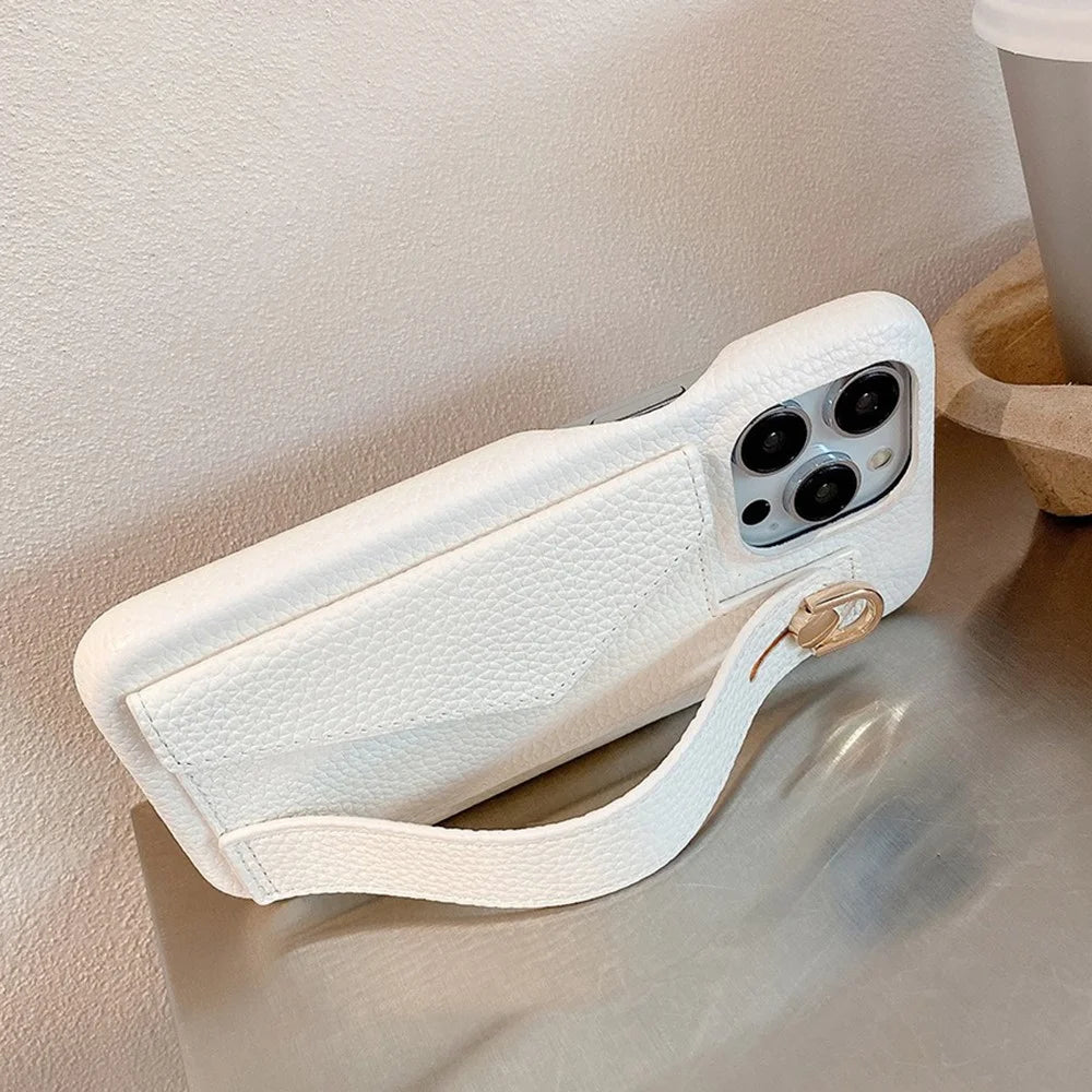 For iPhone 16 Pro Max Case Wristband Kickstand Card Slot PU Leather+PET Phone Cover - White - 3
